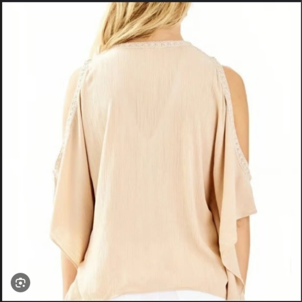 Womens Lilly Pulitzer Julietta Cold Shoulder Top Sand Dune Beige Tan Gold sz S/M - Picture 2 of 5